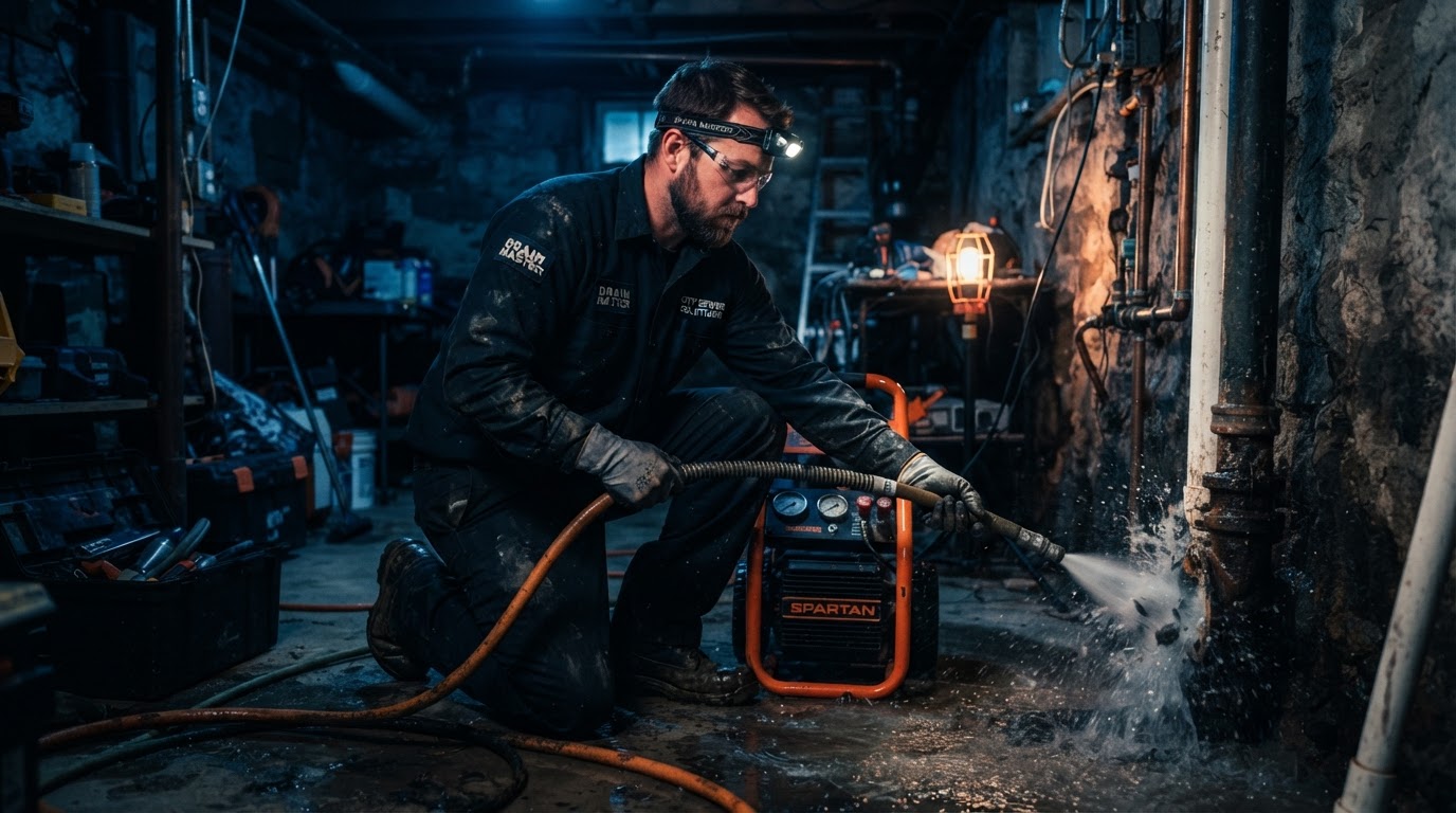 Illustration of a technician using drain-clearing equipment